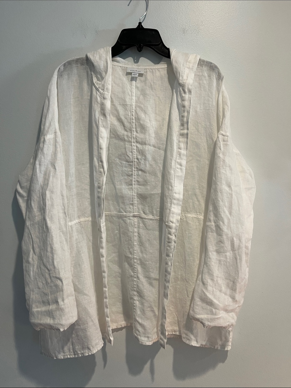 Pure Jill Linen White Long Sleeve Open Front Hooded Cardigan Cover Up L Washable